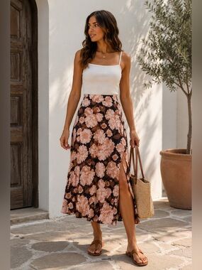 NWT Floral Midi Skirt Flowy Ruffle Hem Brown Blush A-Line